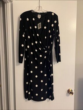 Anne Klein Black and White Polka Dot Wrap-Style Long Sleeve Dress